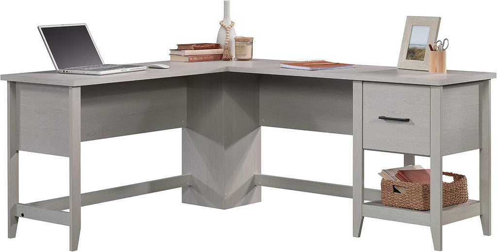 Sauder Summit Station L-Shaped Corner Home Office Desk with Drawer and Open Storage Shelf, in Glacier Oak