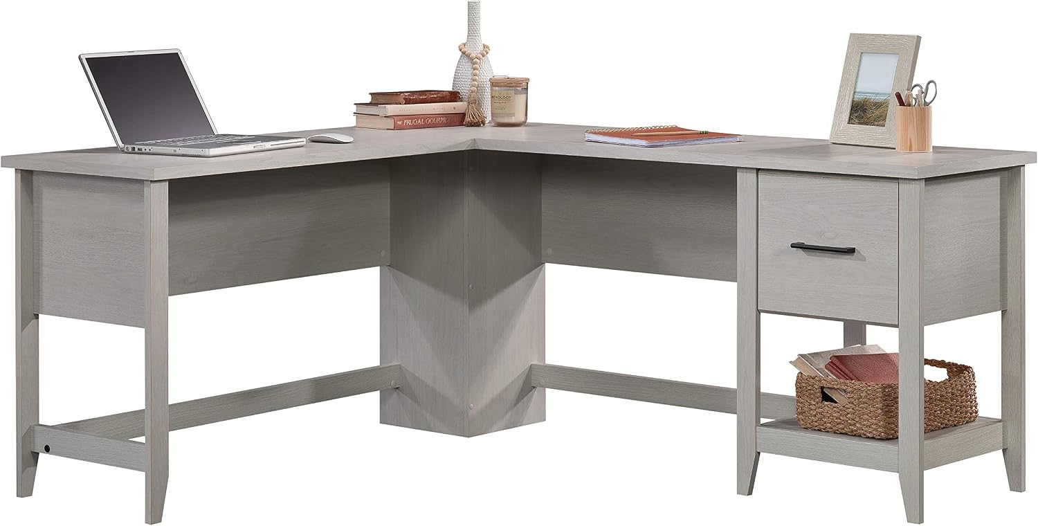 Sauder Summit Station L-Shaped Corner Home Office Desk with Drawer and Open Storage Shelf, in Glacier Oak