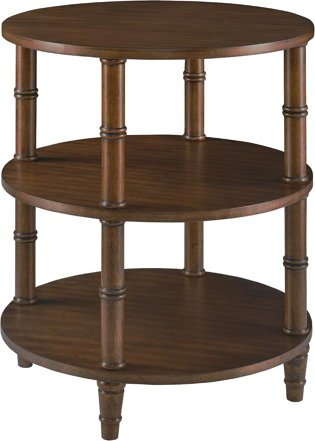 3-Tier Solid Wood Round End Table, Sofa Side Table with Open Storage Shelf Accent Corner Table with Wood Finish, Nightstand with Bamboo-Inspired Legs for Narrow Spaces, Dark Brown, 19.7'D x 23.6'H
