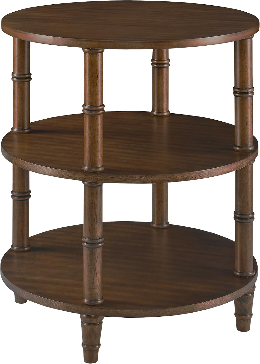 3-Tier Solid Wood Round End Table, Sofa Side Table with Open Storage Shelf Accent Corner Table with Wood Finish, Nightstand with Bamboo-Inspired Legs for Narrow Spaces, Dark Brown, 19.7'D x 23.6'H