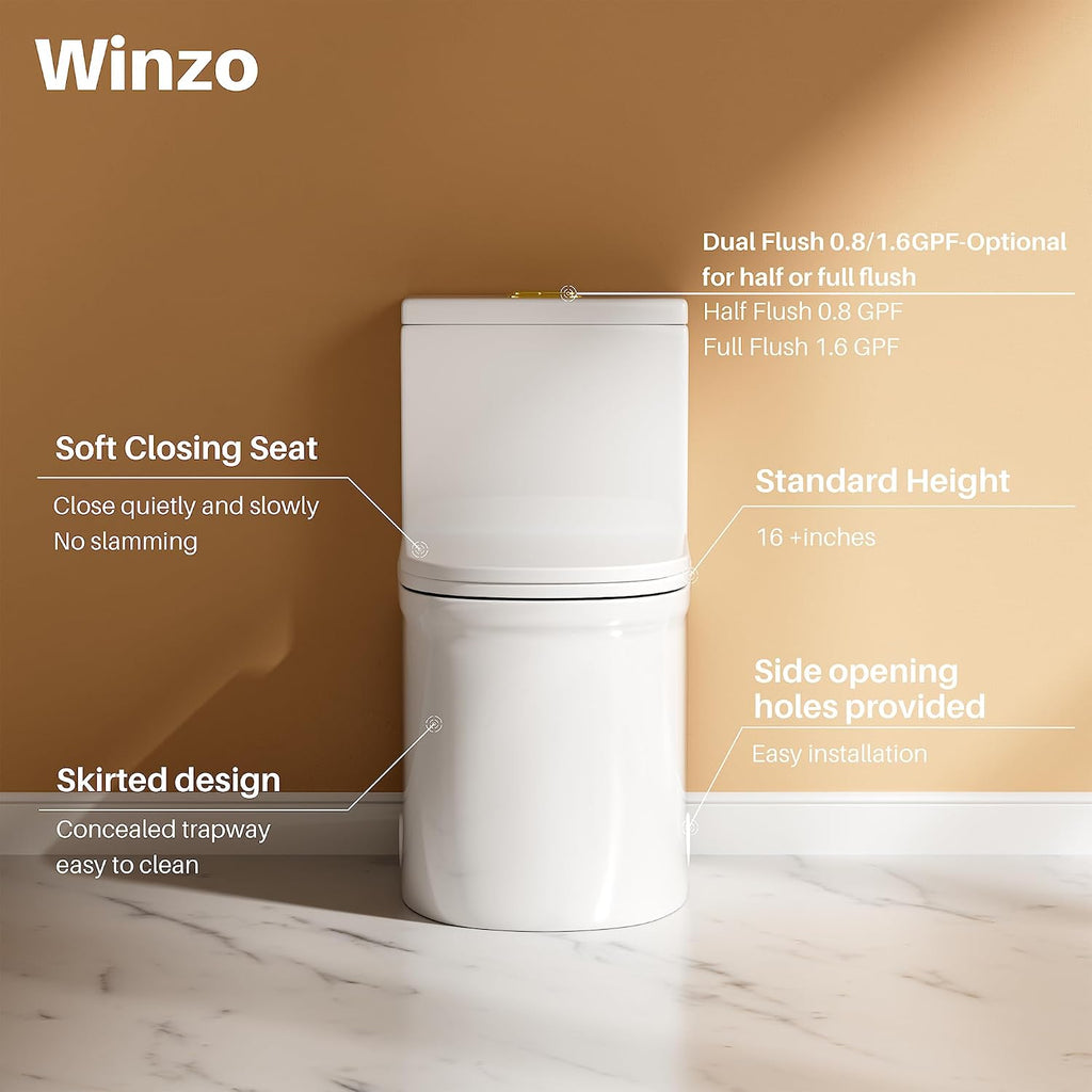 WinZo 23-inch Small Toilet One Piece with Golden Push Button Modern Design For Compact Narrow Bathroom 12' Rough-in White