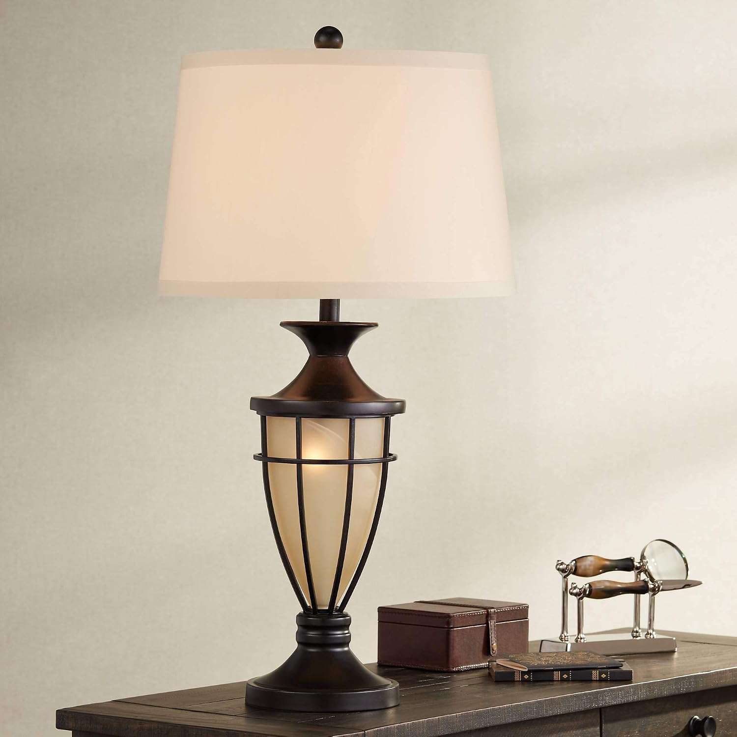 John Timberland Mission Cage Table Lamps 33' Tall Set of 2 with Nightlight Lantern Brushed Iron Brown Beige Fabric Shade for Living Room Bedroom House Bedside Nightstand Home Office Entryway