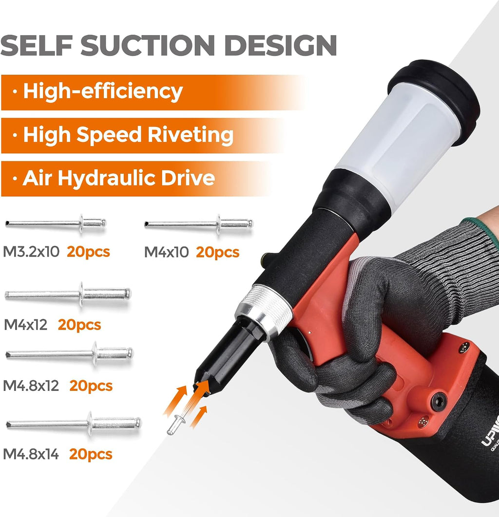 Pneumatic Hydraulic Pop Rivet Gun, Self-Suction Air Riveter Riveting Tool with 100 pcs Blind Rivets and 3/32' 1/8' 5/32' 3/16' Nose Pieces