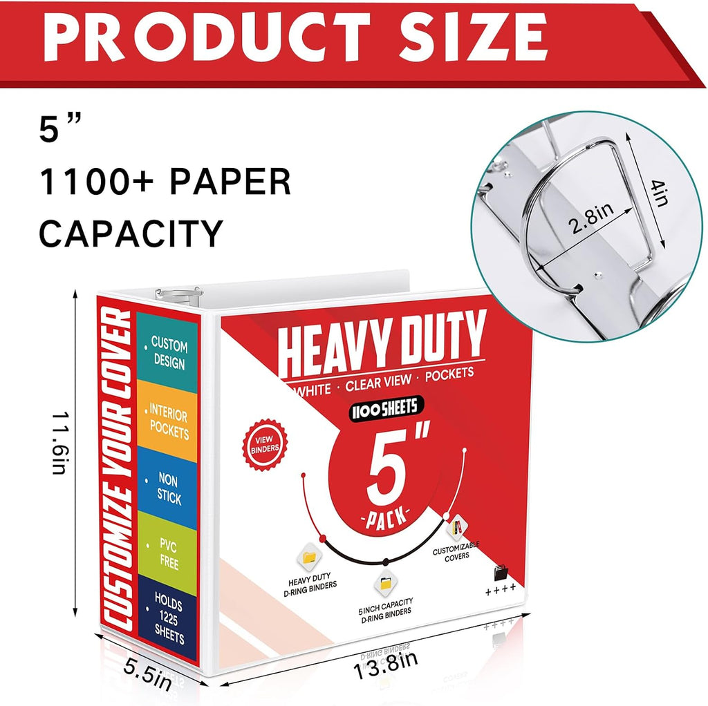 Sinload 8 Pcs 3 Ring Binder 5 Inch Capacity D Ring Binders with Pockets Large 8.5' x 11' Presentation Folder View Binder with Clear Cover for Documents, Files, Projects, White