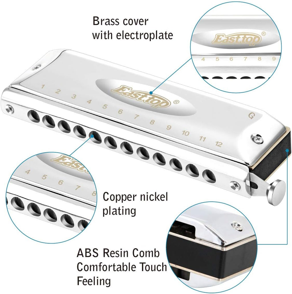 East top Chromatic Harmonica in G,12 Holes 48 Tones Chromatic Mouth Organ with Stainless Steel Cover for Adults, Professionals, Students and Harmonica Lovers
