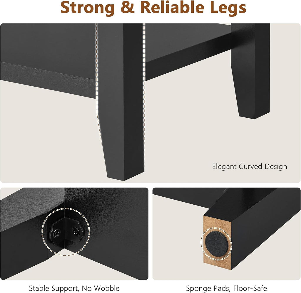 Hoctieon End Table with Double Storage Shelves, Sturdy Wooden Side Table for Living Room, Bedroom, Modern Nightstand Sofa Table for Small Spaces, Black, Set of 2