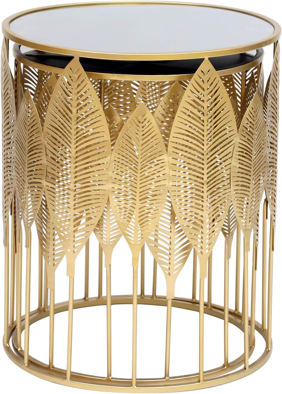 Homebeez Gold Nesting Tables Set of 2, Glam Leaf Design Round End Table with Stainless Steel Top for Living Room & Bedroom, No Assembly Required