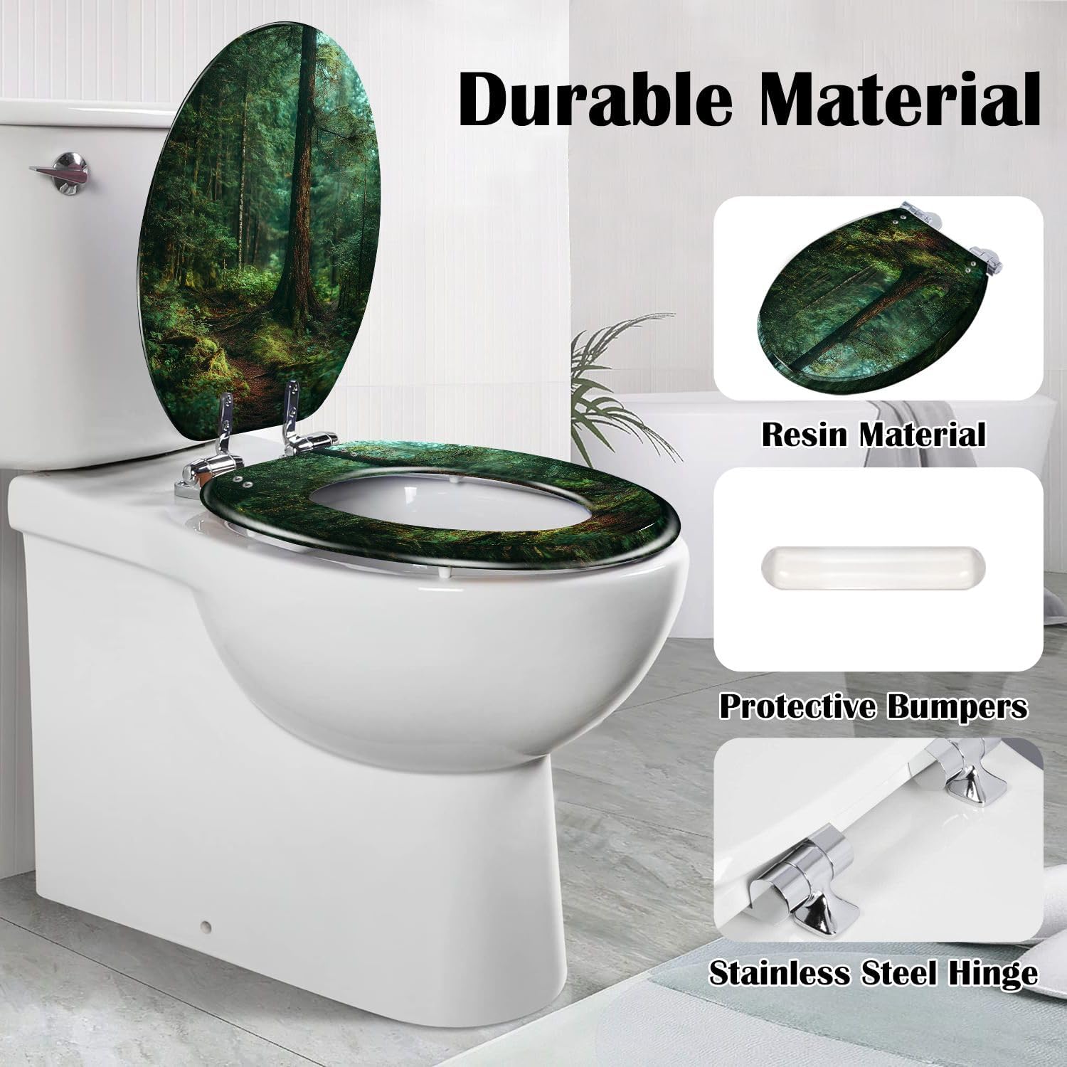 Elongated Toilet Seat Trail dark green forest mossy overgrown Resin Toilet Seat Slow Quiet Close with Quick-Release Hinges Toilet Seat with Cover Easy to Clean Install