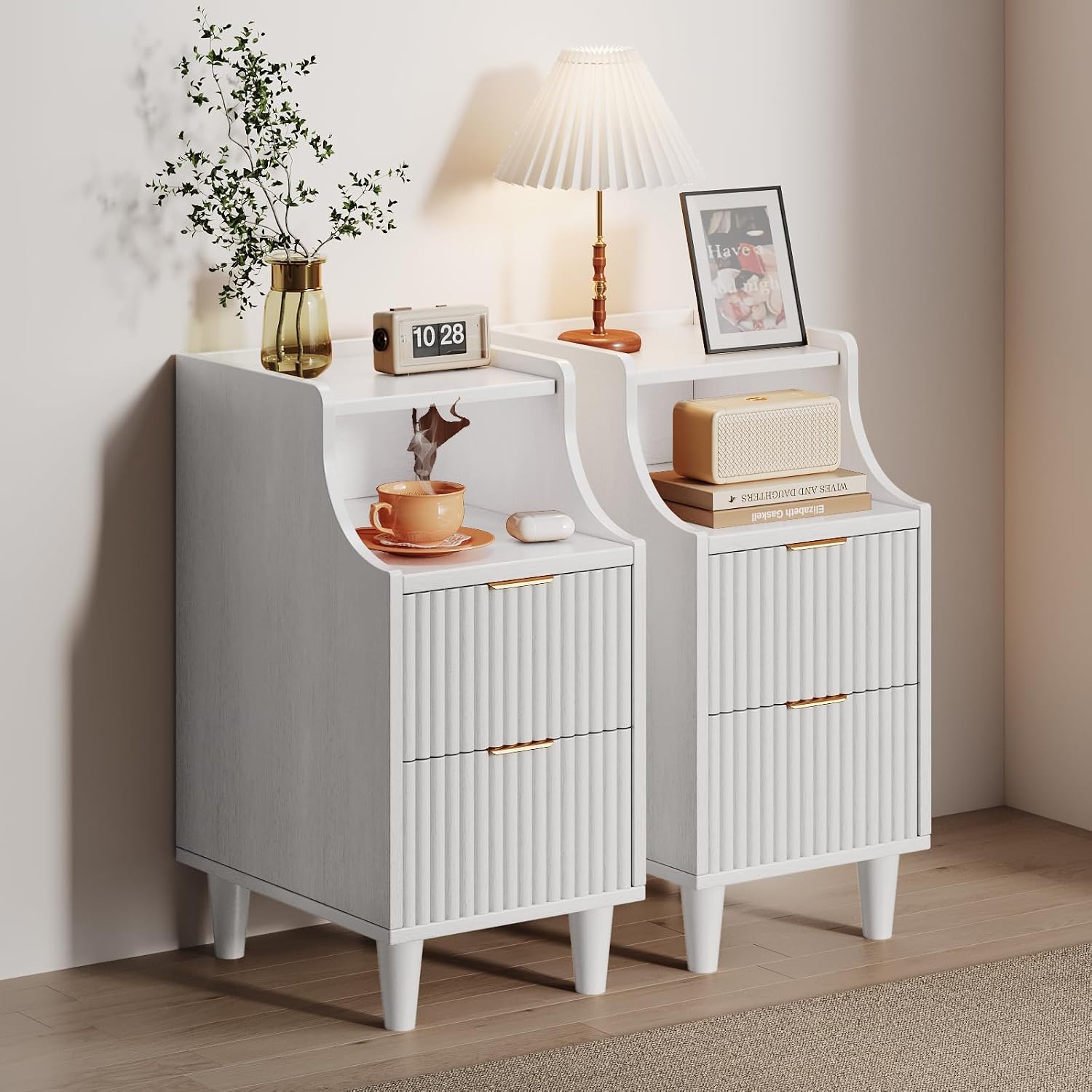 Narrow Nightstand Set of 2,11.8' Fluted Bedside Table Set of 2, Slim Side End Table with 2 Drawers, Wooden Bedside Table, White Wood Night Stand for Bedroom Livingroom Sofa Office