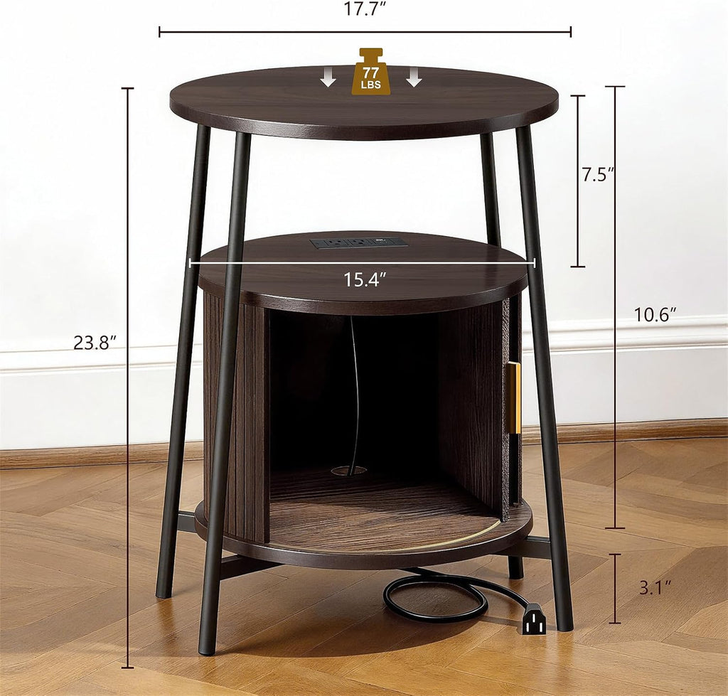 DHH Round End Tables Set of 2 & Charging Station, Fluted Accent Side Table with Sliding Door, Mid-Century Modem Nightstand Set for Small Space Storage, Living Room, Bedroom,Sofa Couch(Dark Walnut)