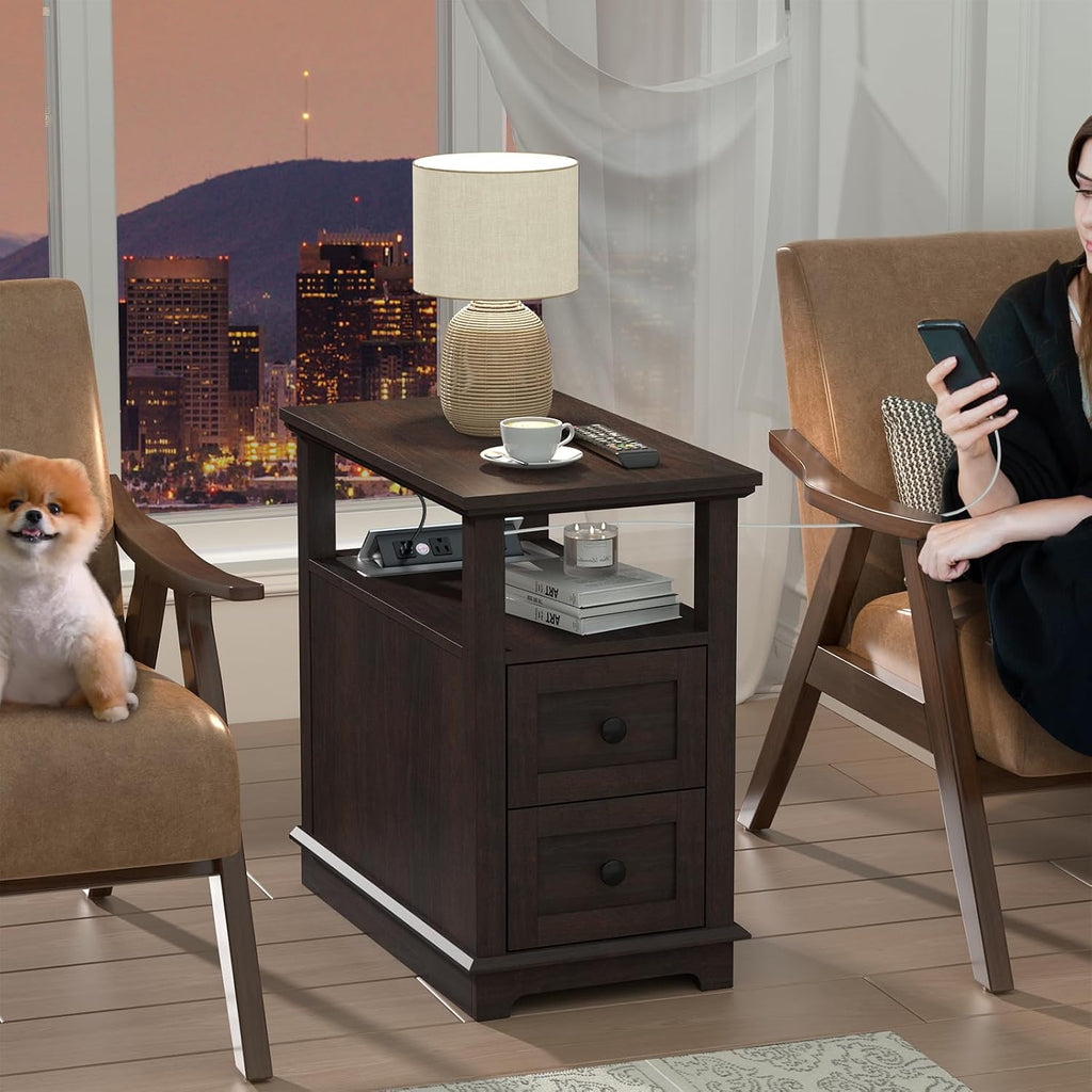 HIFYOBRO Narrow End Table with Flip Top Charging Station, Side Table with 2 Drawers, Type-C & USB Port & Power outlets, Wooden Storage Cabinet, Side Table with Storage for Living Room Bedroom