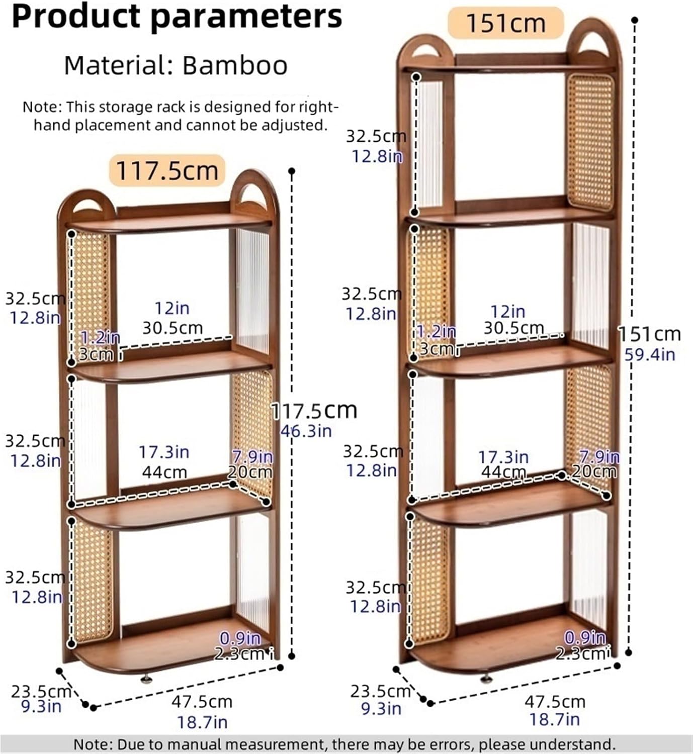 4 Layers Storage Rack Freestanding Corner Display Stand with Adjustable Foot Pad Open Display Rack Rattan Bookshelf Corner Shelf for Living Room Decor Practical(117.5cm)