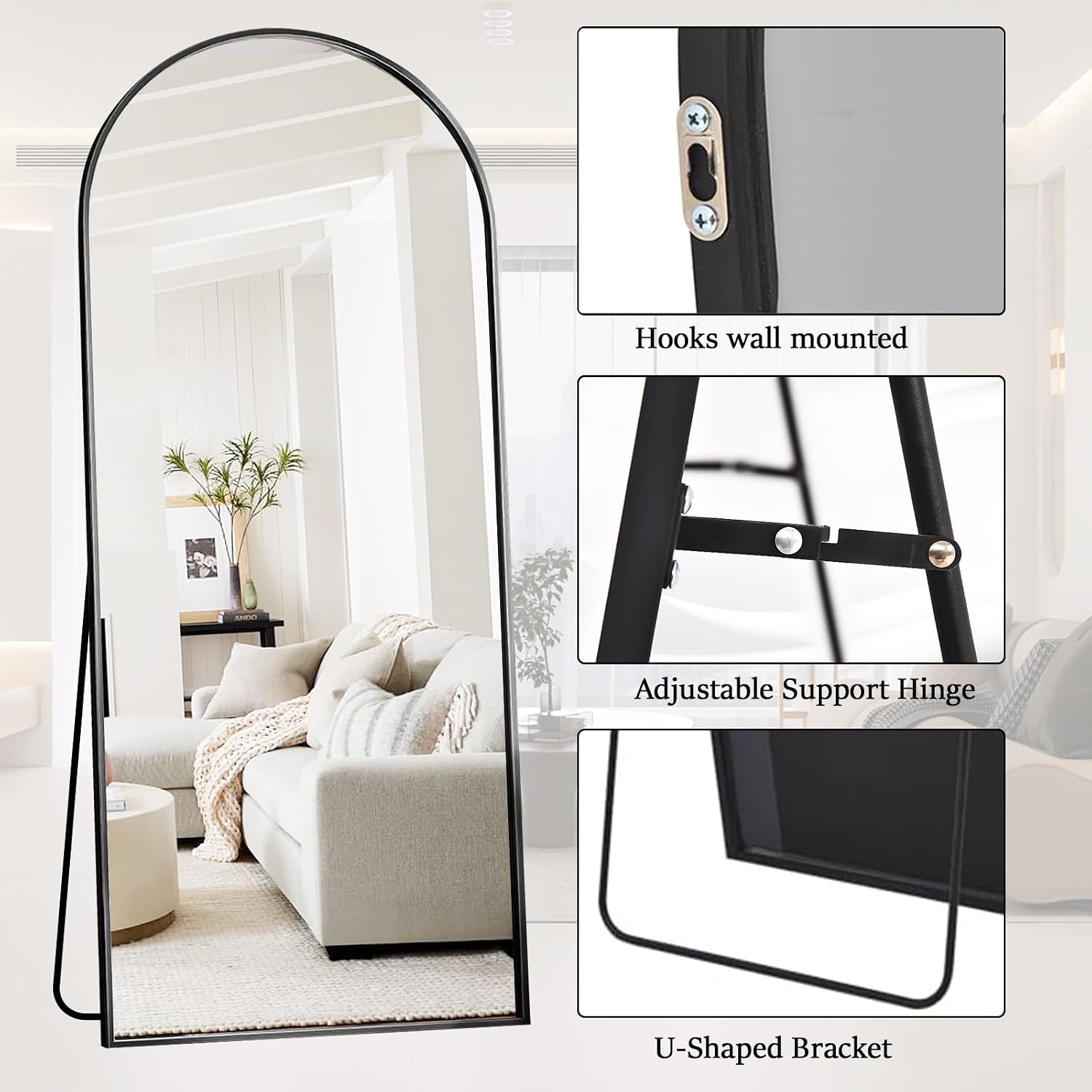 Rowjut Floor Full Length Mirror, Arched Mirrors Full Length 71'x30' Freestanding Large & with Aluminum Frame & Wall Mounted & Hanging or Leaning/Full Body Mirror for Bedroom, Black