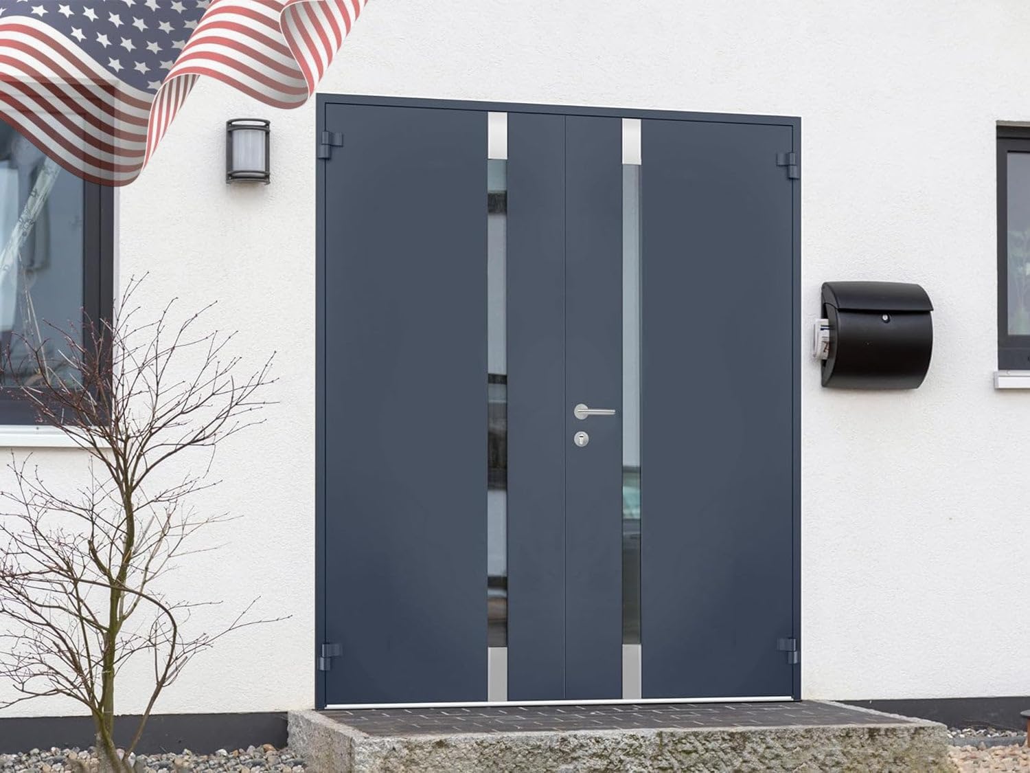 VDOMDOORS Front Exterior Prehung Steel Door/Cynex 6777 Black / 2 Side Exterior Windows/Stainless Inserts Single Modern Painted-W12+32+12' x H80-Left-hand Inswing