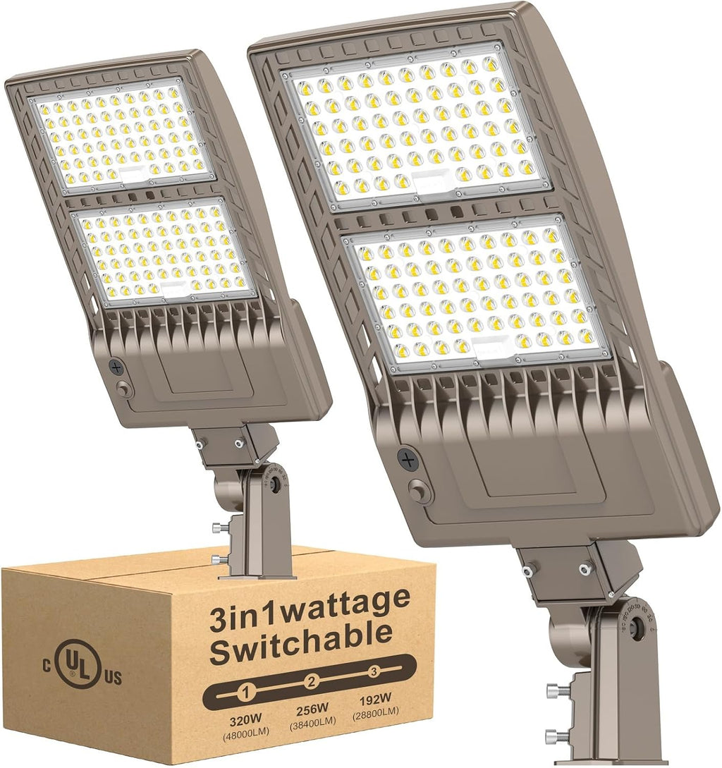 2 Pack 320W LED Parking Lot Light UL Listed 48000LM 5000K 320W 256W 192W Adjustable LED Shoebox Pole Light 150 LM/W Slip Fitter IP65 Commercial Outdoor Street Area Light AC100-277V