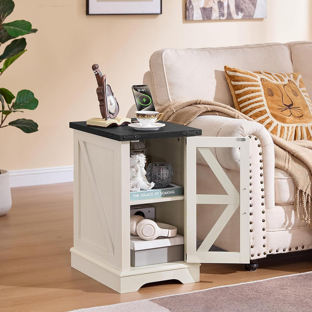 Joaxswe Farmhouse End Tables Living Room Set of 2 with Charger Station, 18'' Small Night Stand and 24' Large Side Table with Glass Barn Door Storage, Wood Nightstand Bedside Tables for Bedroom Office