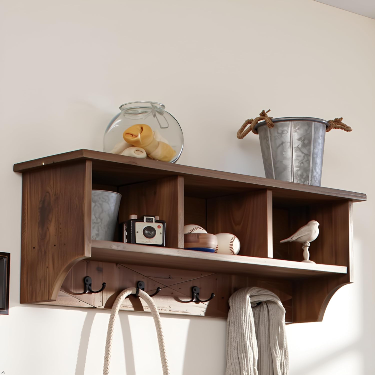 Revive Solid Wood Wall Mounted Coat Rack with 3 Cubbies and 4 Double Hooks – 36' Entryway Wall Shelf Organizer with Easy Installation for Hallway or Mudroom Storage by Alaterre Furniture (Natural)