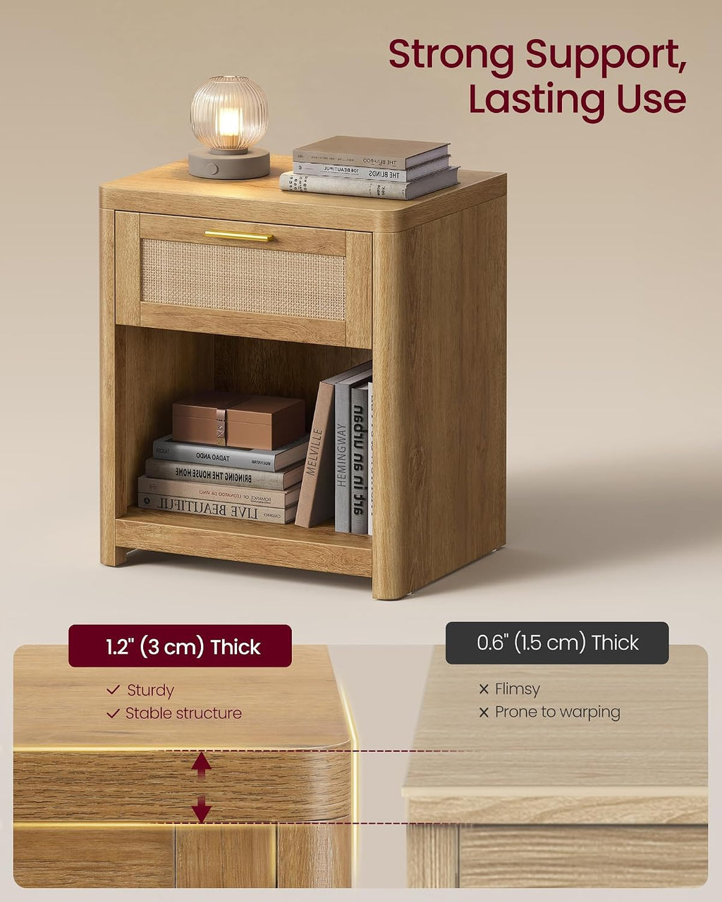 VASAGLE ELLAN Collection - Boho Nightstands with Rattan-Look Drawer, Set of 2 Accent Side End Tables with Open Compartment, Rounded Corners, for Bedroom Bedside, Natural Brown ULET818KC01
