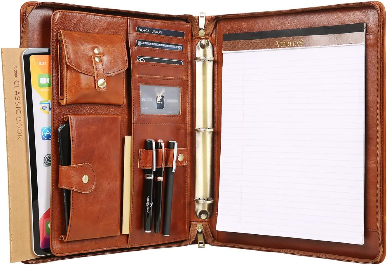 DUKE&COW Leather Portfolio with 3 Ring Binder, Personalized Leather Binder Padfolio Executive Folio Zippered, Engraved Leather Folder Portfolio Organizer, Custom Gift for Men Women （Brown, Custom）