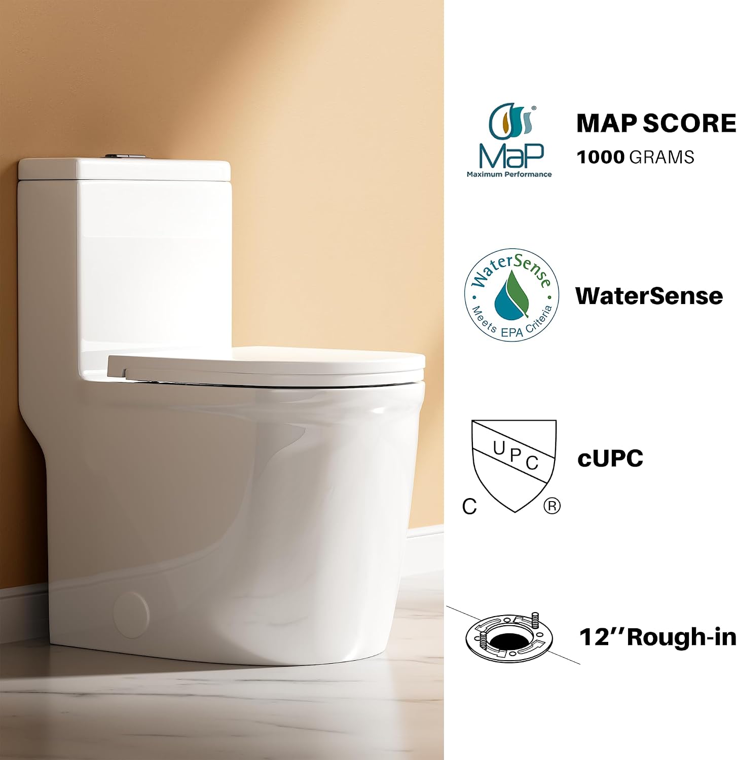 WinZo Small One Piece Toilet 23' Depth Modern Compact Short Design with Matte Black Button for Small Tiny Mini Bathroom 12' Rough-in,White (WZ5079WB)