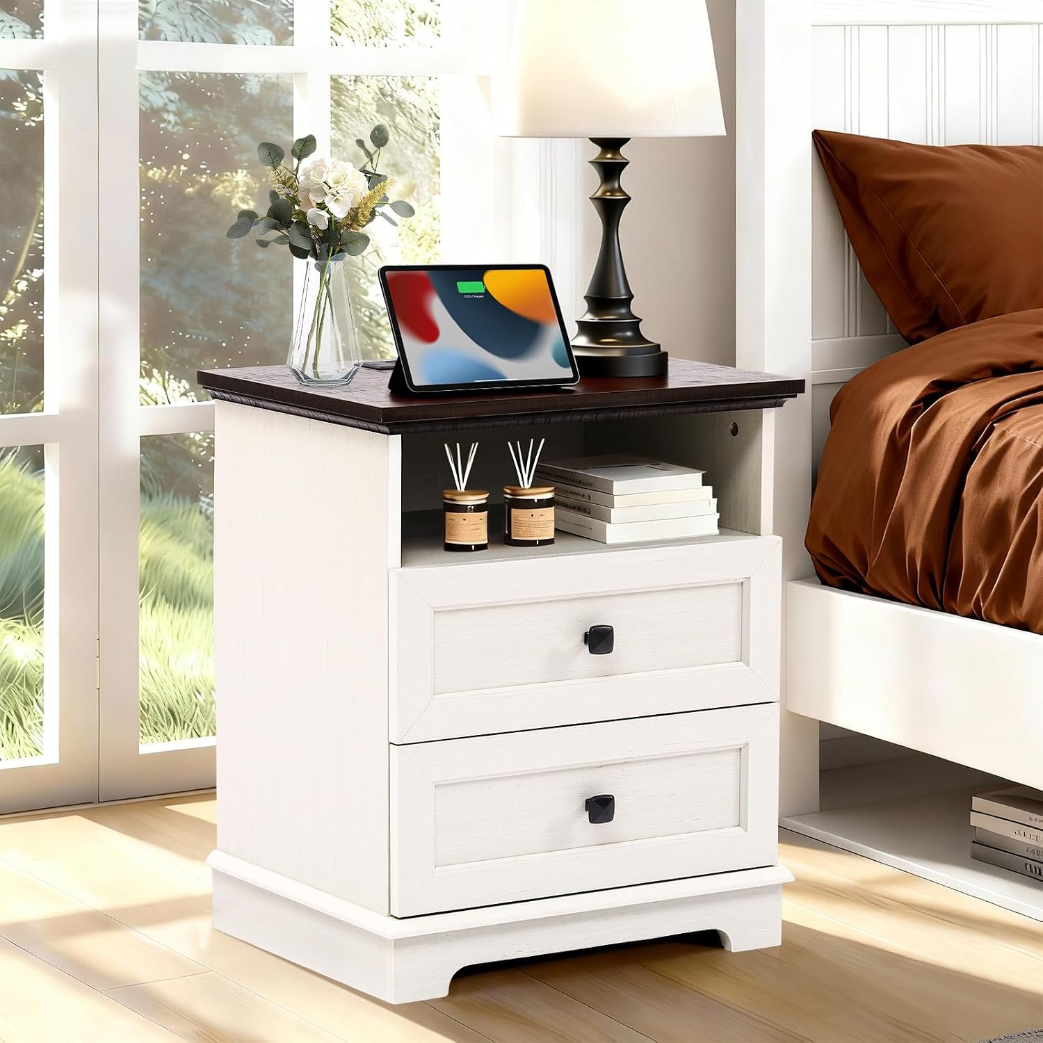 20-Inch Wide Modern Nightstand with Charging Station & Outlets, Bedside Table with 2 Drawers and Open Shelf, Sleek Design End Table for Bedroom and Office, White (Single Piece)