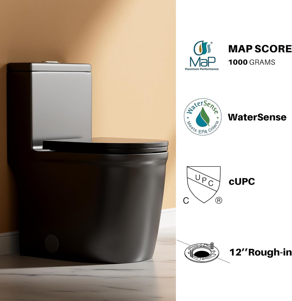 WinZo WZ5079B Compact One Piece Toilet 22.8' Depth Modern Short Design Dual Flush for Small Tiny Mini Bathroom 12' Rough-in,Matte Black