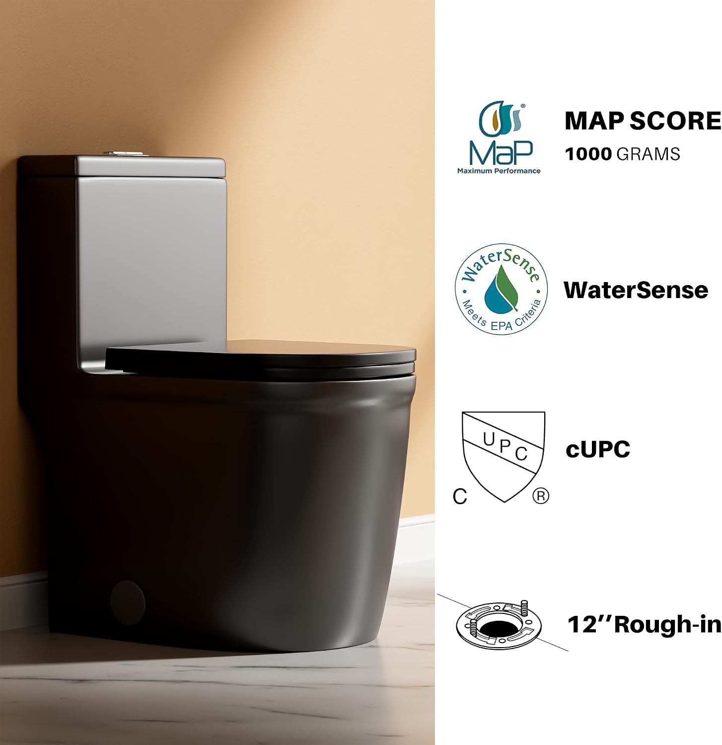 WinZo WZ5079B Compact One Piece Toilet 22.8' Depth Modern Short Design Dual Flush for Small Tiny Mini Bathroom 12' Rough-in,Matte Black