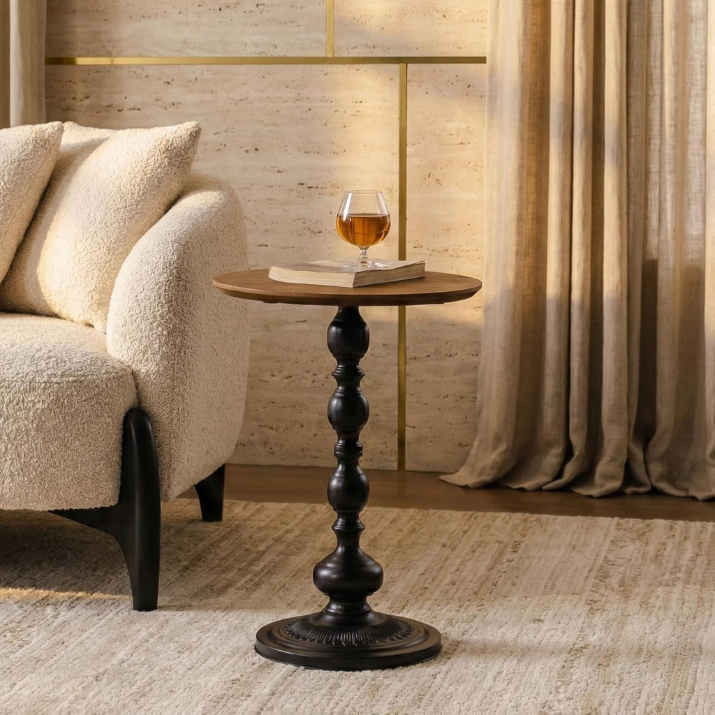 Round End Table, Framhose Small Side Table with Wood Top and Black Base, Pedestal Table for Living Room Corners Bedroom Patio and Bar（20' Hight）