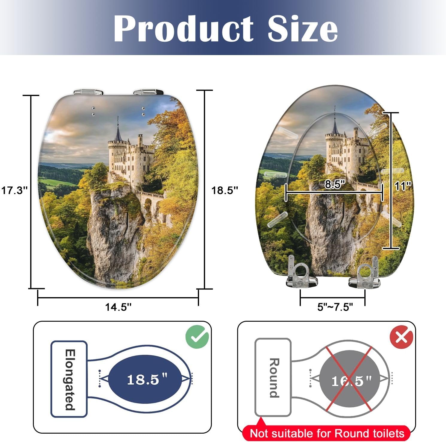 Elongated Toilet Seat Lichtenstein Castle Resin Toilet Seat Slow Quiet Close Lid with Quick-Release Hinges Cover Bumpers Easy to Clean Install