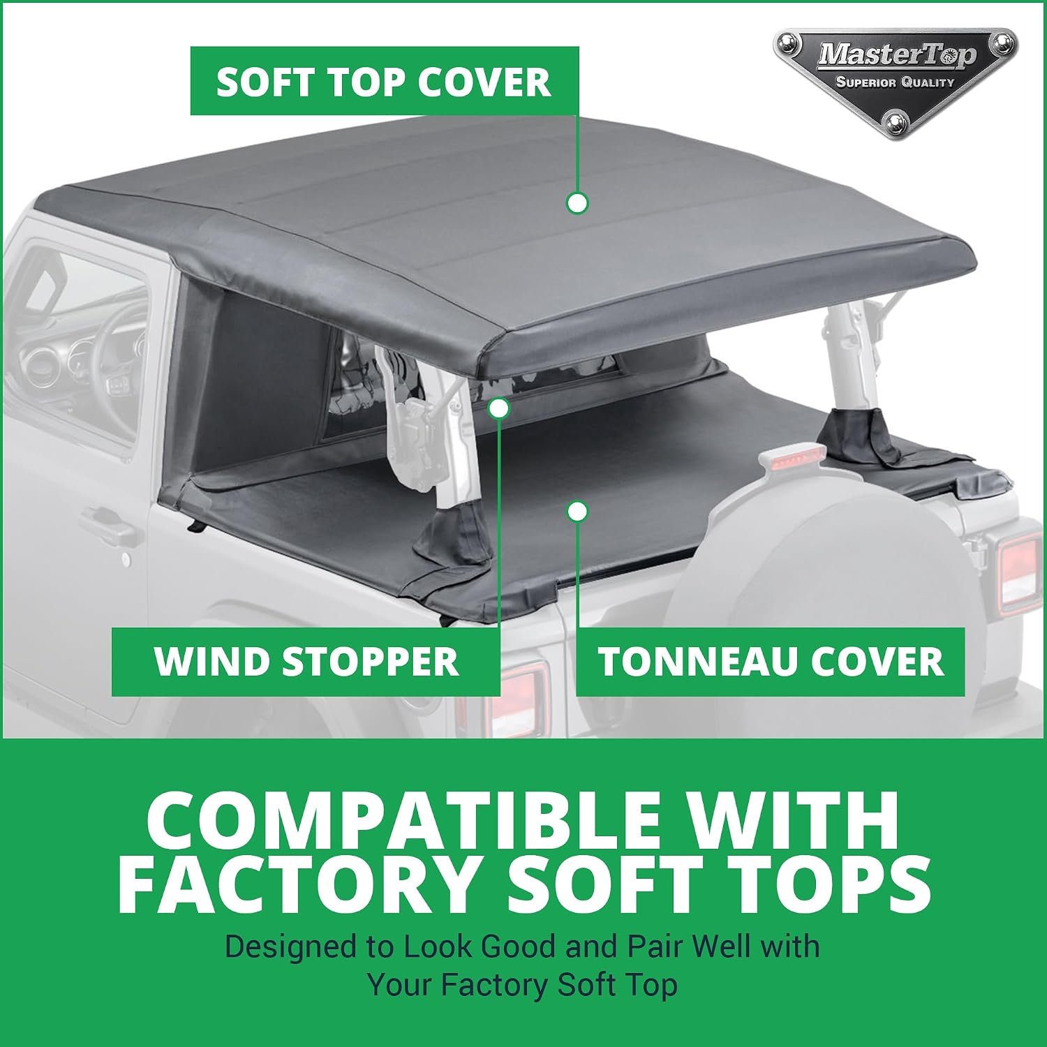 MasterTop Wind Stopper Plus and Tonneau Cover Combo Kit, Black Diamond - Fits Jeep Wrangler JL 2-Door 2018-2021 - Keeps Wind & Water Out of The Cab - Wind Breaker Blocks Backdrafts