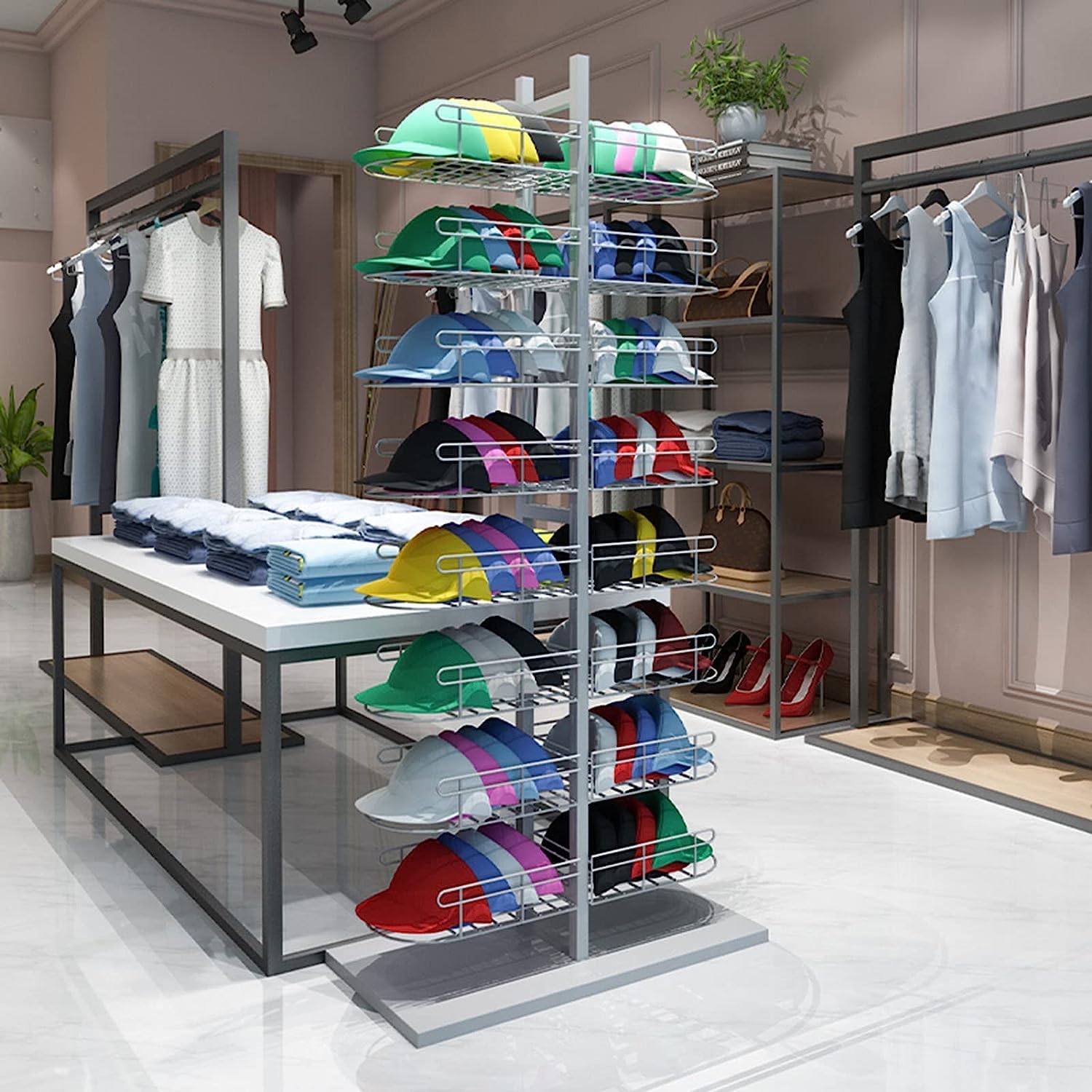 Floor Standing Store Display Stand,8 Tier Hat Rack,Baseball Cap Rack,Modern Headwear Wig Rack,Double Sided Metal Storage Rack For Commercial Boutique Retail,C
