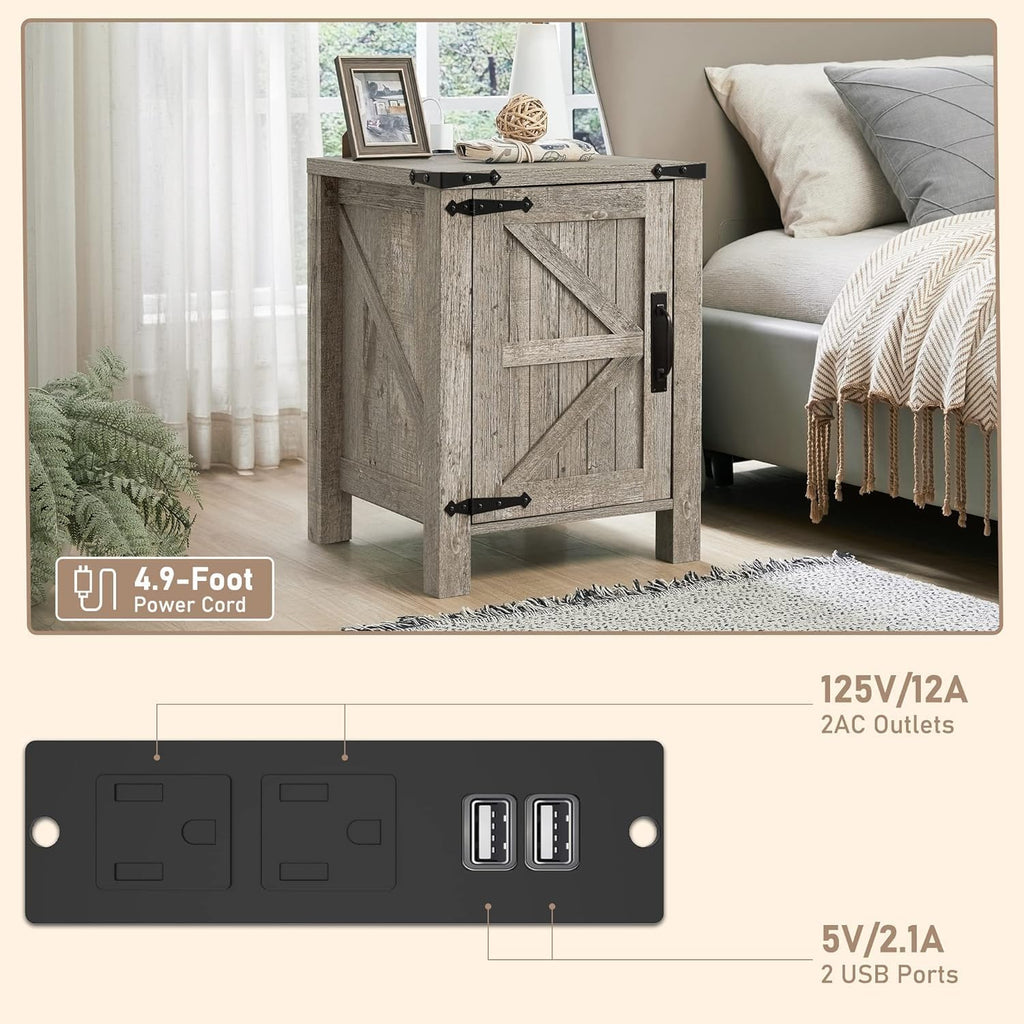OKD Farmhouse Nightstand Set of 2 with Charging Station, 18 Inch Rustic End Table with Barn Door Cabinet, Adjustable Storage Shelf, Wood Sofa Side Table for Living Room, Bedroom, Light Rustic Oak