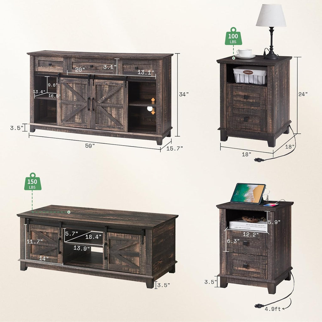 AMERLIFE 4-Piece Farmhouse Furniture Set: Sliding Barn Door TV Stand, Coffee Table, and Two End Tables with Charging Station for Living Room, Bedroom, Rustic Oak Black
