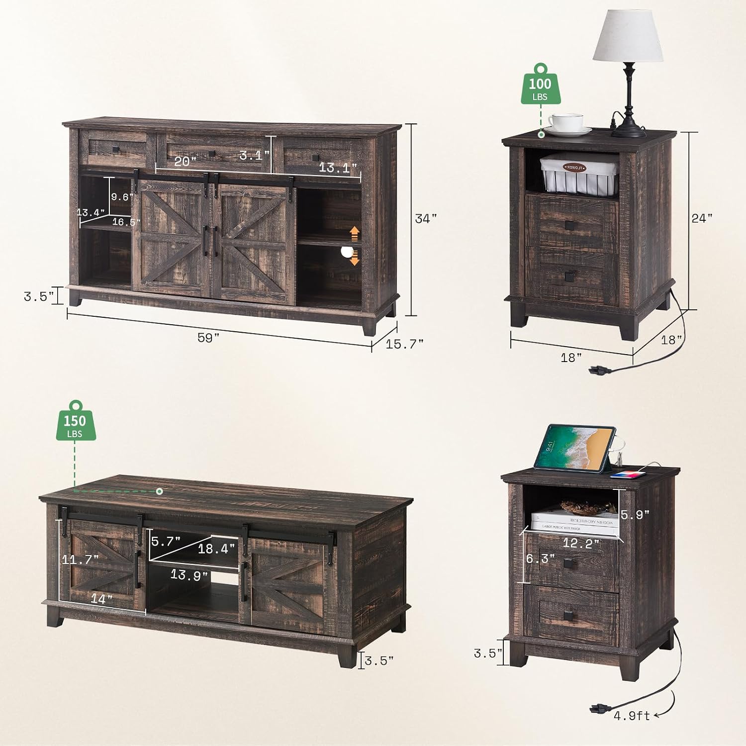 AMERLIFE 4-Piece Farmhouse Furniture Set: Sliding Barn Door TV Stand, Coffee Table, and Two End Tables with Charging Station for Living Room, Bedroom, Rustic Oak Black