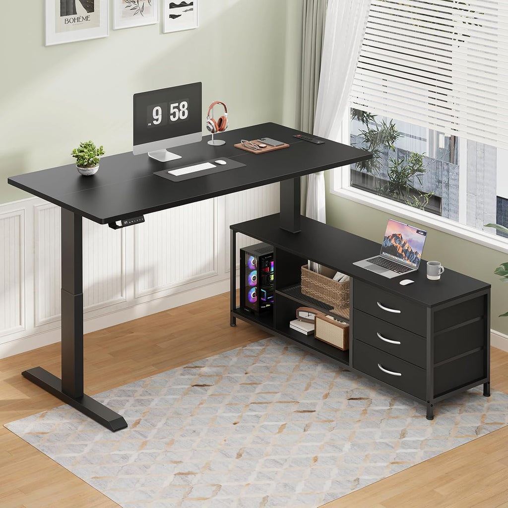 L Shaped Electric Standing Desk with Drawers & Shelves, Height Adjustable Corner Computer Desk with Power Outlets, 55 Inch Sit Stand Executive Desk with 3 Fabric Drawer for Home Office, Black