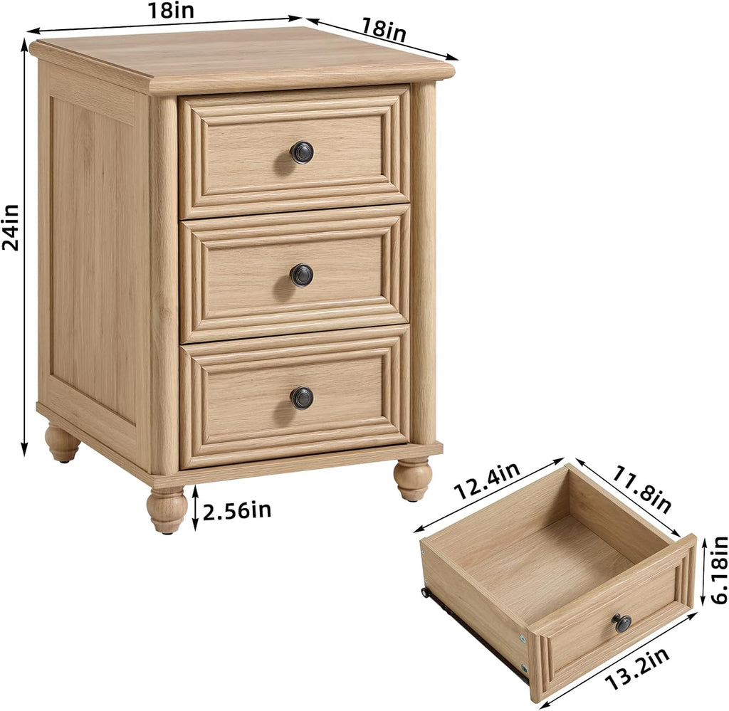 RWYHG 18' Farmhouse Night Stand Set of 2, Natural Wood Nightstand with 3 Drawers, Bedside End Table with Storage and Roman Column, Bed Side Tables Cabinet for Bedroom, Living Room, and Closet