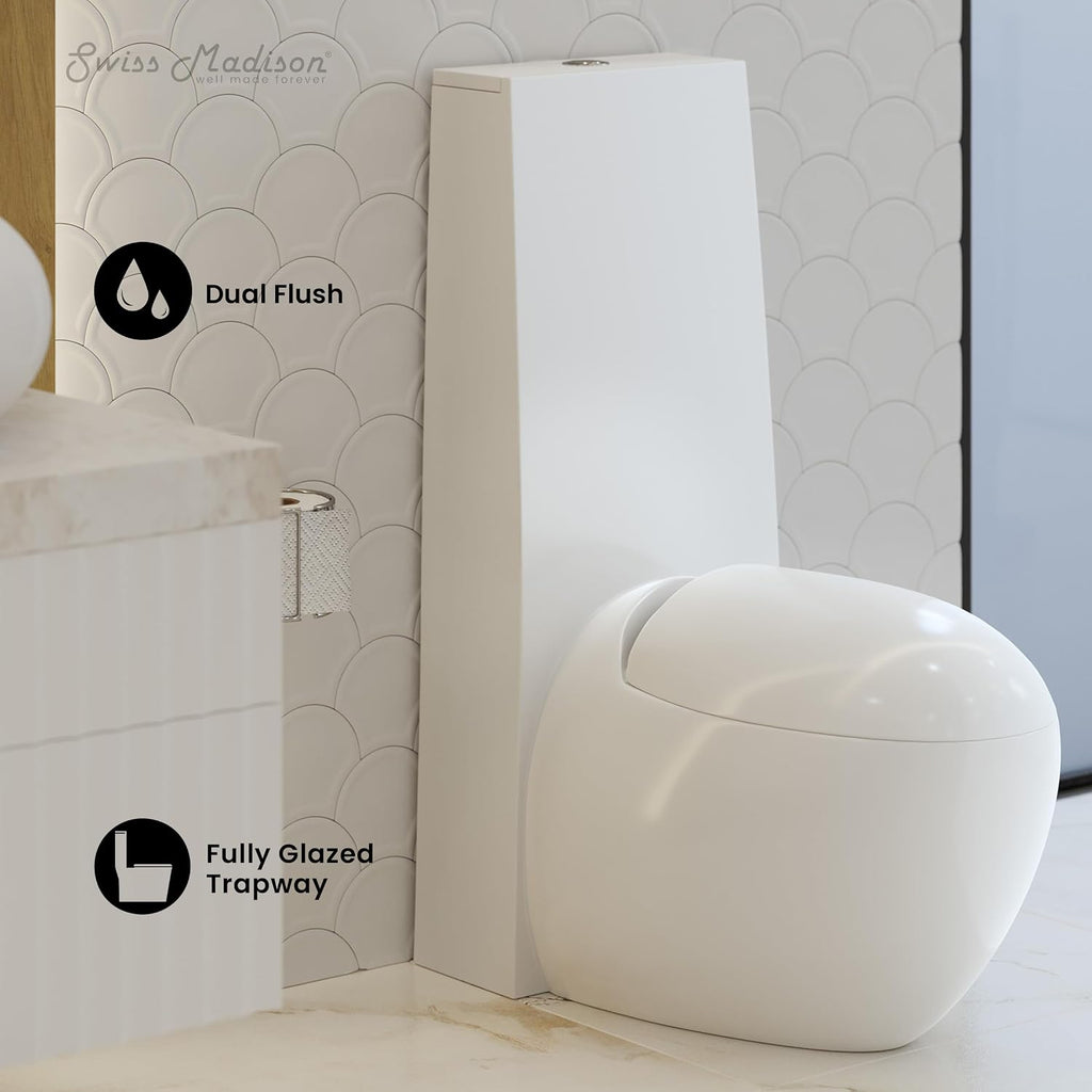 Swiss Madison Plaisir One-Piece Toilet, ADA Toilet, Elongated Egg Toilet Dual-Flush 1.1/1.6 gpf, Glossy White