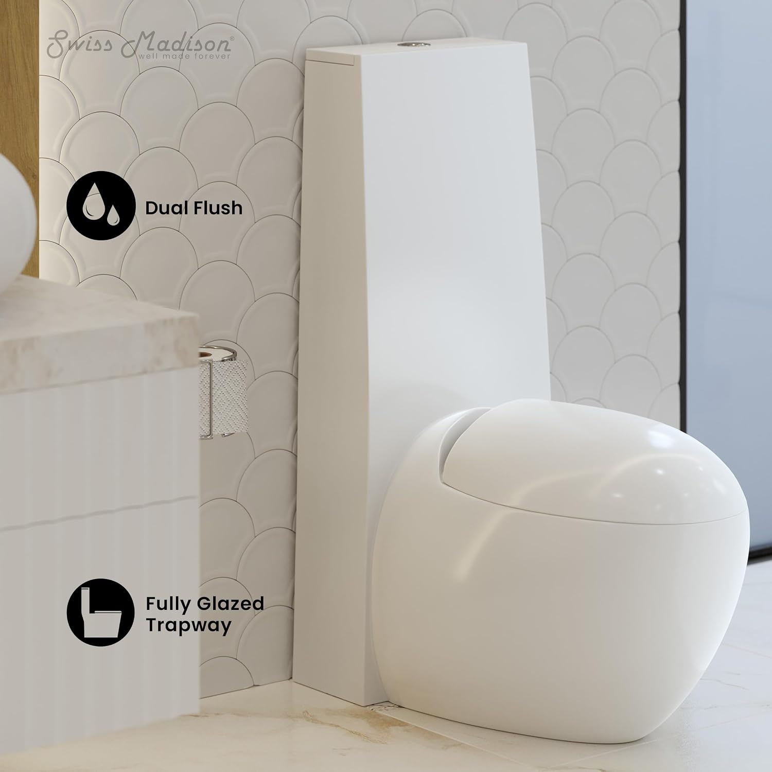 Swiss Madison Plaisir One-Piece Toilet, ADA Toilet, Elongated Egg Toilet Dual-Flush 1.1/1.6 gpf, Glossy White