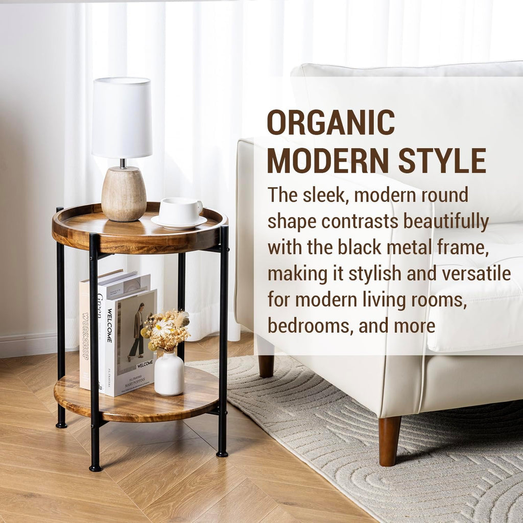 MyGift 2 Tier Round End Table with Premium Acacia Solid Wood Shelf and Black Metal Frame, 22 Inch Tall Side Table Modern Home Living Room or Bedroom Furniture