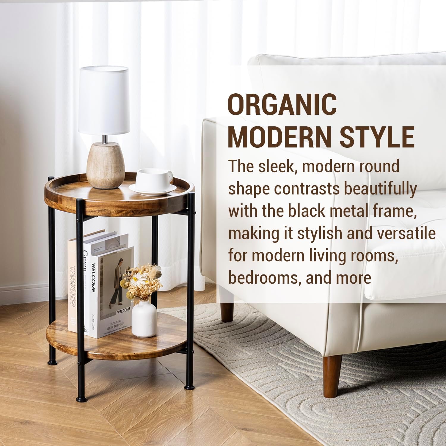 MyGift 2 Tier Round End Table with Premium Acacia Solid Wood Shelf and Black Metal Frame, 22 Inch Tall Side Table Modern Home Living Room or Bedroom Furniture