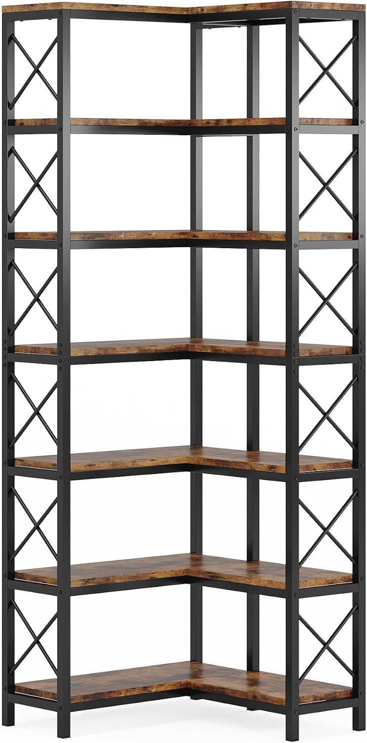 Tribesigns 7-Tier Corner Bookcase, Industrial Large Corner Bookshelf, 7-Shelf Tall Shelf Storage Display Rack with Metal Frame for Living Room Home Office, Rustic Brown