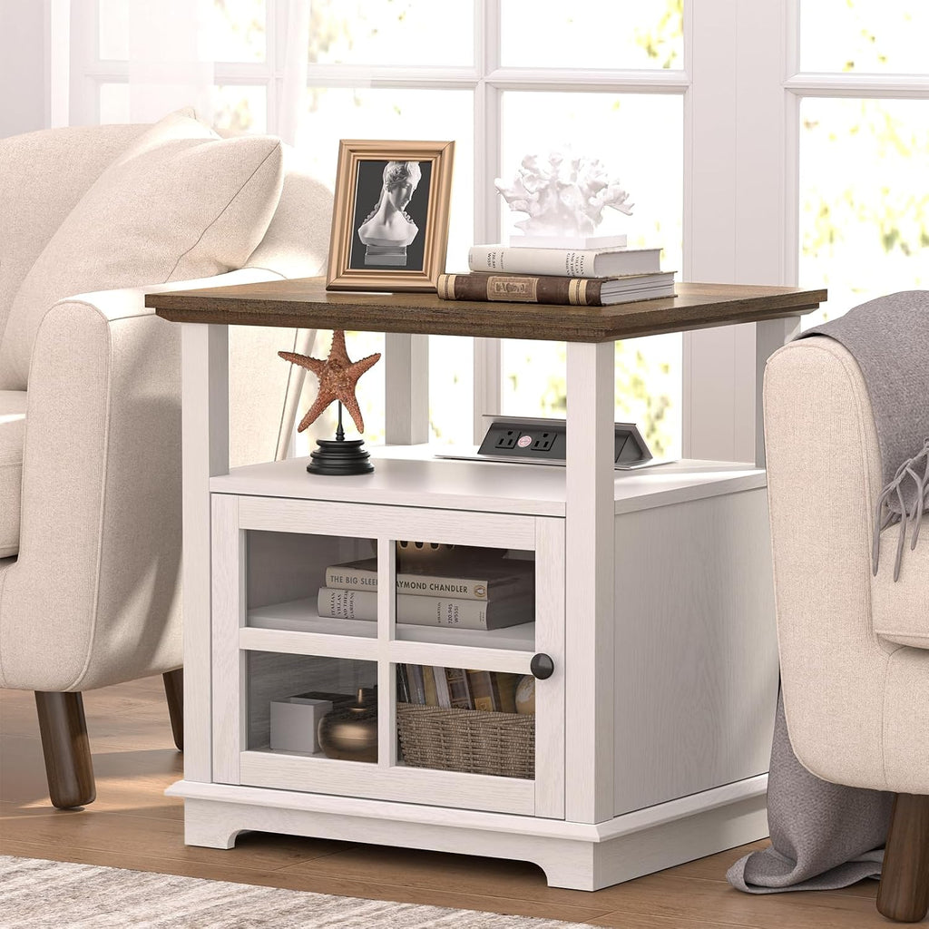 HIFYOBRO 24''Tall White End Table with Charging Station, Adjustable Shelf & Storage, 21' Large Side Table, Modern Farmhouse Nightstand for Bedroom, Living Room, Office