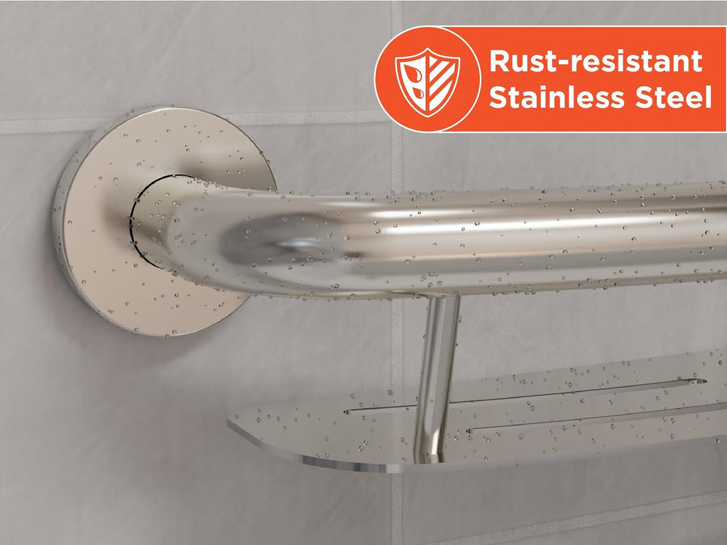 HEALTHCRAFT Plus Shampoo Shelf & Grab Bar 24' - Brushed Stainless, 500 Lbs | Built-in shampoo shelf, concealed screws, no separate shelf needed