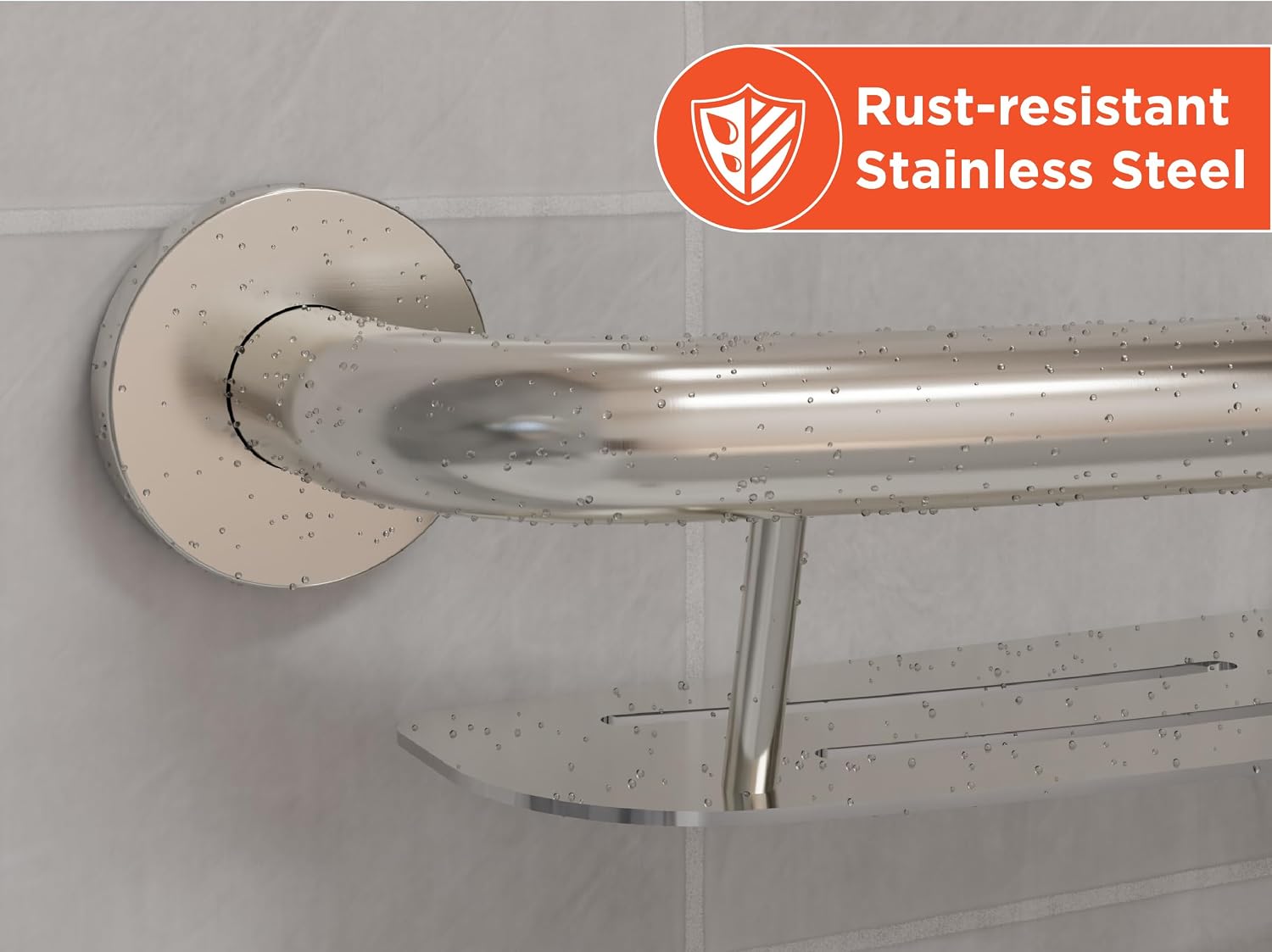 HEALTHCRAFT Plus Shampoo Shelf & Grab Bar 24' - Brushed Stainless, 500 Lbs | Built-in shampoo shelf, concealed screws, no separate shelf needed