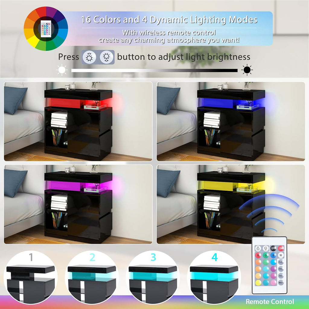 Verano Garden High Gloss End Table Set of 2 with Charging Station, Sofa Side Table with Drawer and Adjustable Shelf, Modern Bedside Table Nightstand with LED Light for Living Room, Bedroom, Black