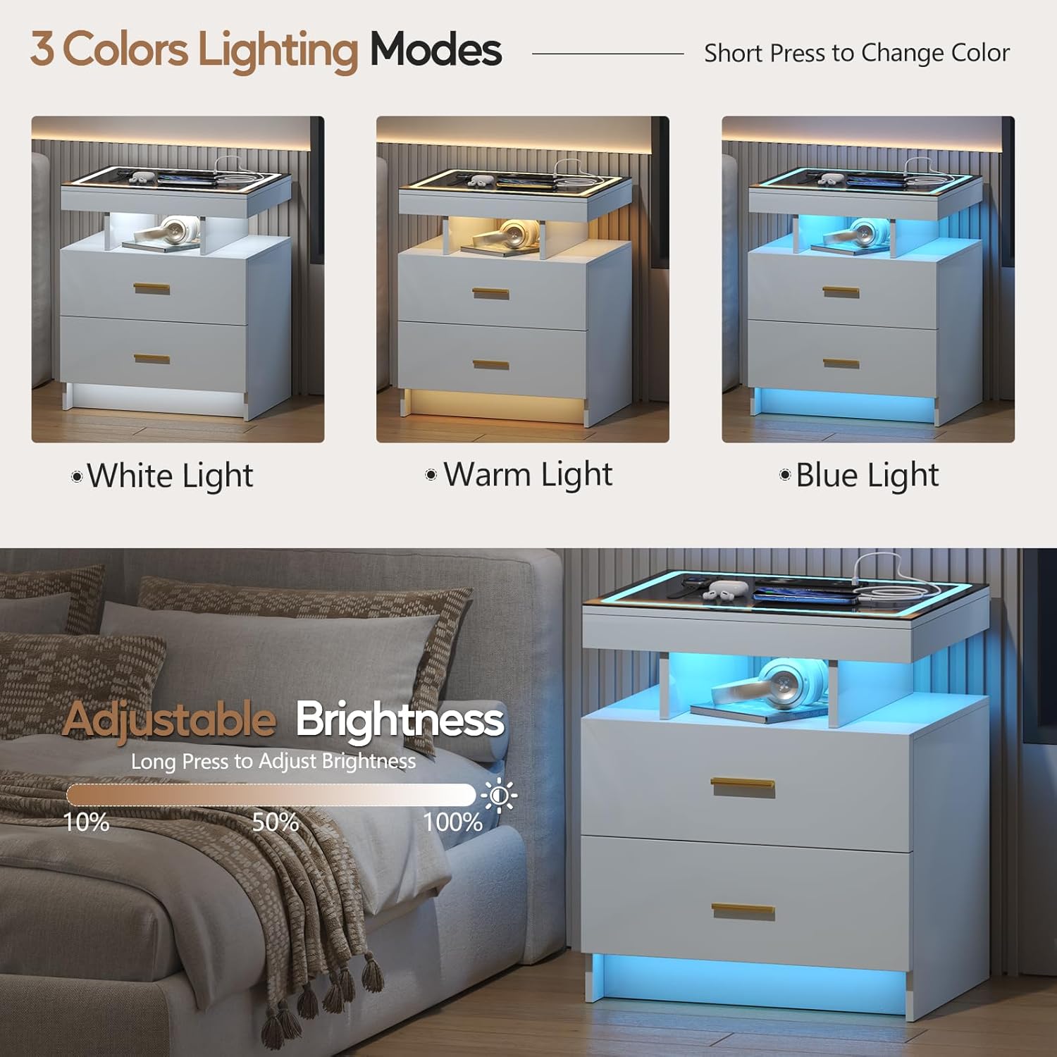 LED Nightstand Set 2 with Wireless Charging Station,White Night Stand with 2 Drawers,Glass Top Smart Bedside Table,Modern End Table Side for Bedroom,Living Room,Office
