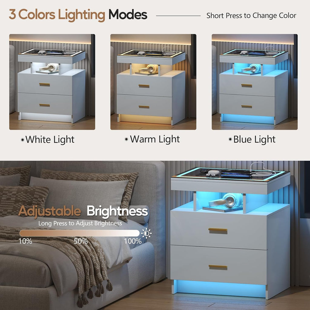 LED Nightstand with Wireless Charging Station,White Night Stand with 2 Drawers,Glass Top Smart Bedside Table,Modern End Table Side for Bedroom,Living Room,Office