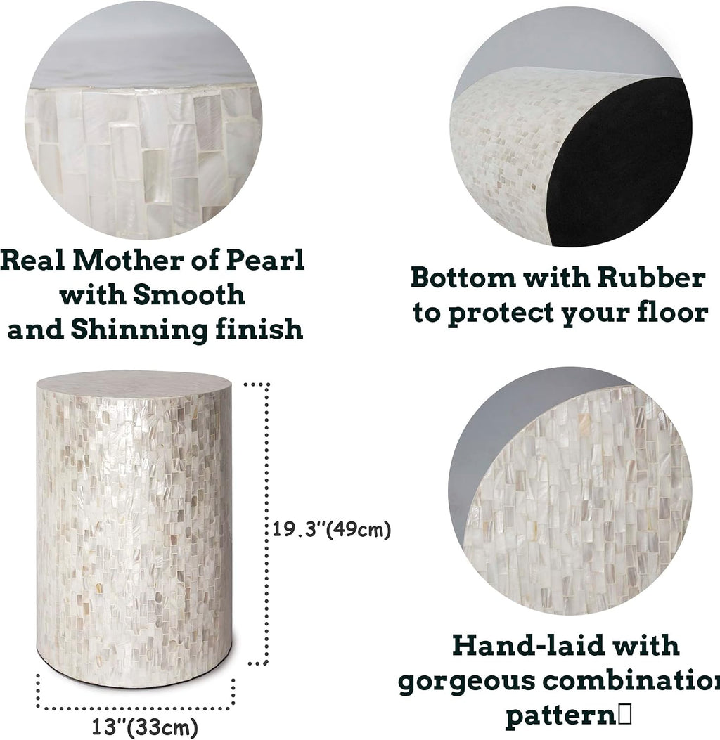PEMAR Mother of Pearl Cylinder Drum End Table Nacre Side Stool Round Accent Table Coffee Bedside Nightstand and Vanity Stool 13' Diameter x 19.3' High Pearl White & Cream