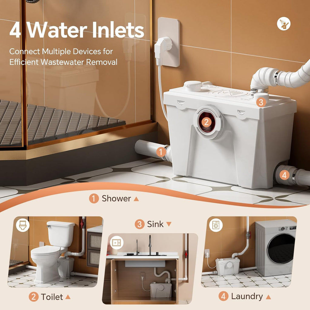 Macerating Toilet System, Two-piece Vintage Upflush Toilet with 4 Inlets Grinder Pump for Household Sewage Wastewater Disposal, Copper Motor, Quiet Operation, Extension Pipe Included, Less Consumption