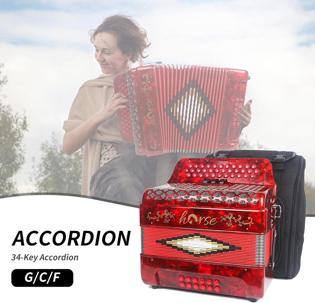 Horse 34 Key Accordion, GCF 12 Bass 3 Row, Made of Celluloid Louder & Clearer Timbre than Plastic,Accordions Instrument for Adults,W/Luxury Backpack,Straps,34 Buttons Acordeón Acordeones Para Adultos